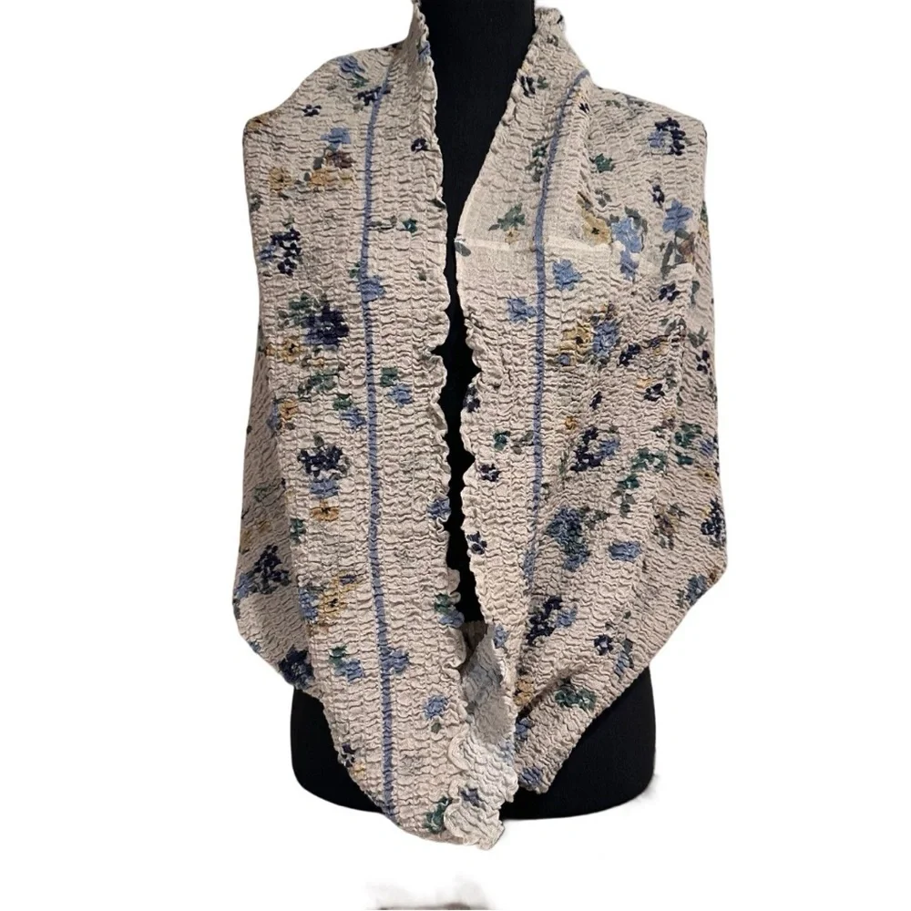 New Vintage Inspired Infinity Loop Scarf Floral Crinkled Chiffon Off White Airy